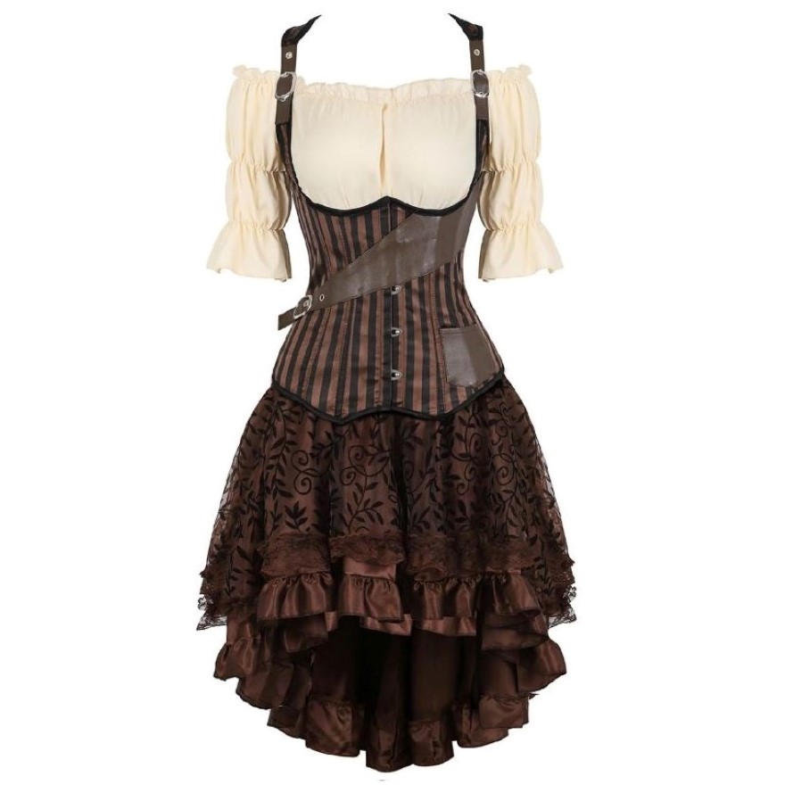 Steampunk-Corset-Dress-Renaissance-Blouse-Gothic-Vintage-Faux-Leather-Corset-Floral-Lace-Skirt-Sets-3-Piece-2