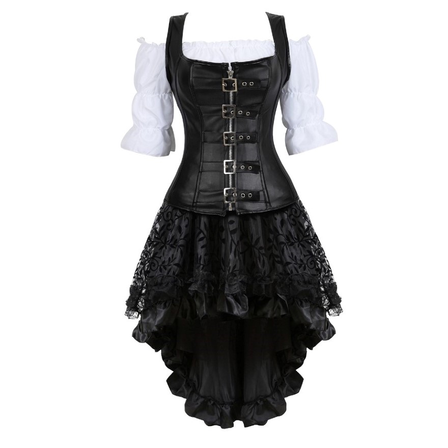 Steampunk-Corset-Dress-Renaissance-Blouse-Gothic-Vintage-Faux-Leather-Corset-Floral-Lace-Skirt-Sets-3-Piece-3